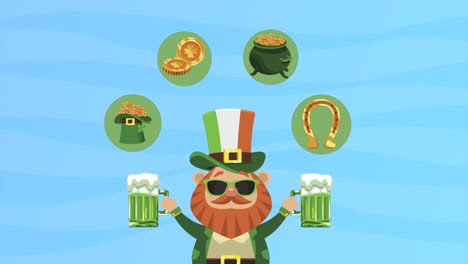 happy saint patricks day postcard with leprechaun lifting beers and set icons