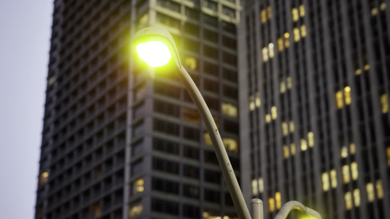 Urban evening glow of streetlight enhancing city architecture at dusk