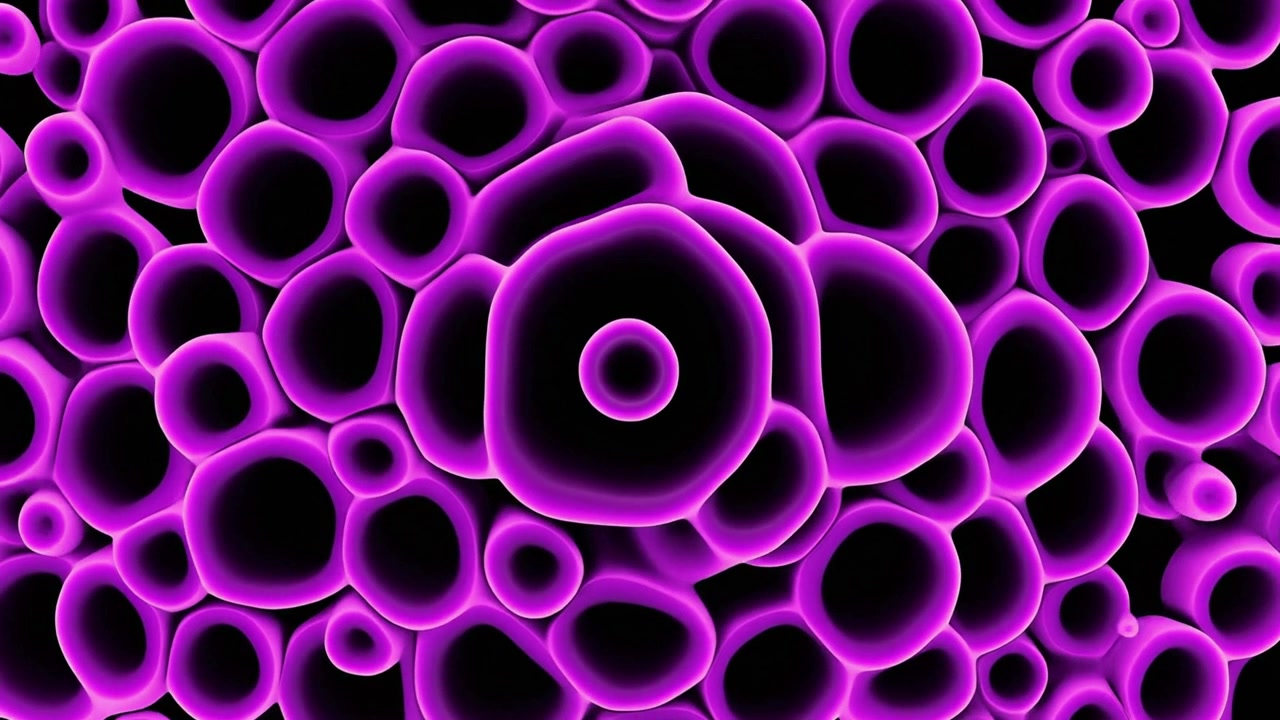 Animazione astratta di strutture cellulari organiche viola luminose