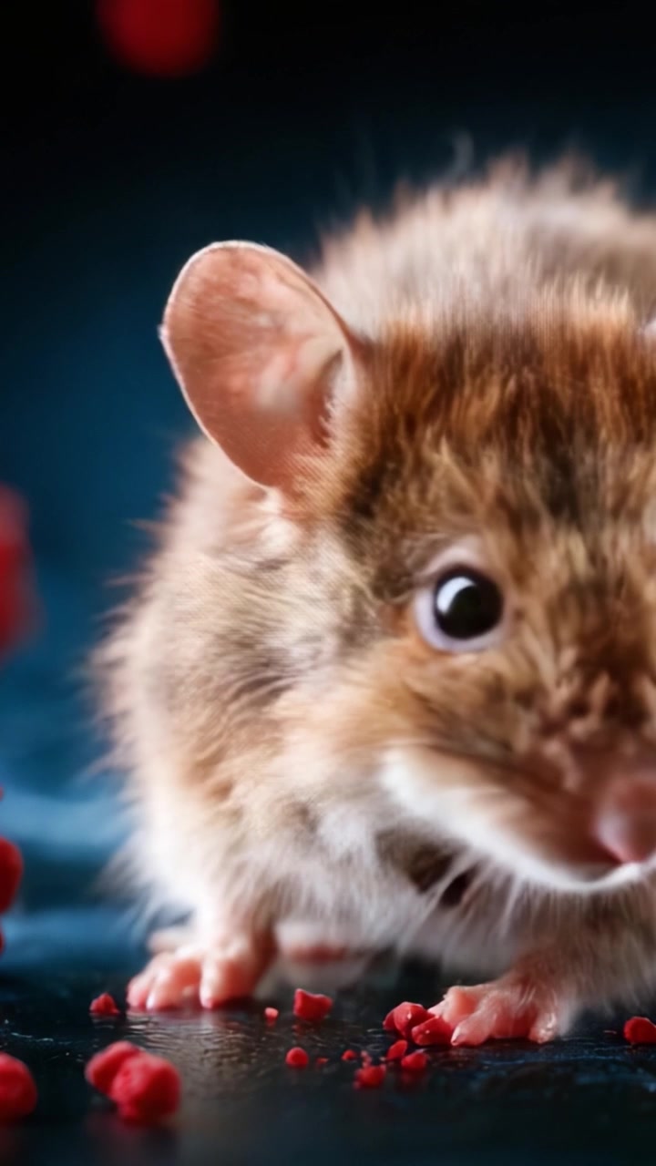 Primo Piano di un Simpatico Topo Marrone con Pelliccia Morbida e Occhi Espressivi Tra Briciole di Snack Rosse su uno Sfondo Scuro