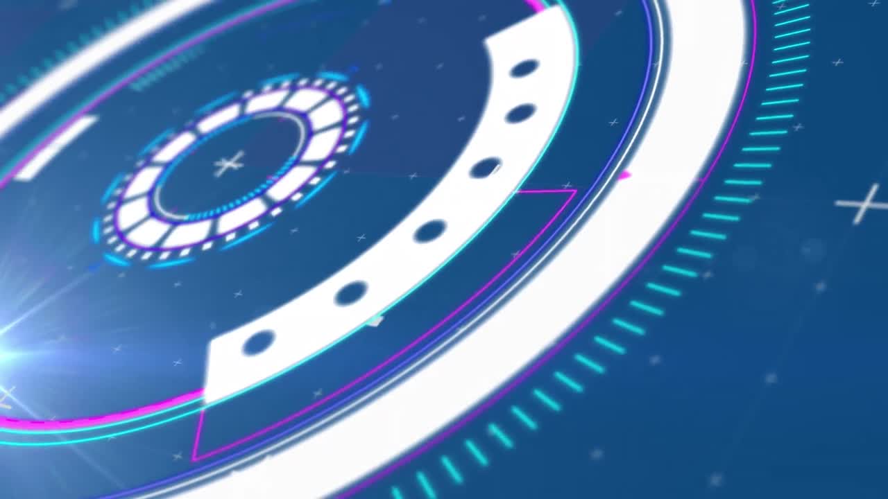 파란색 배경에 렌즈 플레어 위에 원을 둘러싼 기하학적 모양의 애니메이션