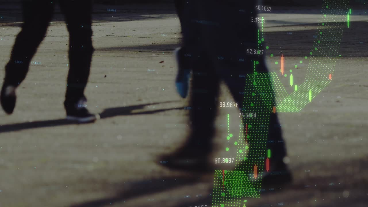 거리에서  ⁇ 는 사람들 위에서 금융 데이터 처리의 애니메이션