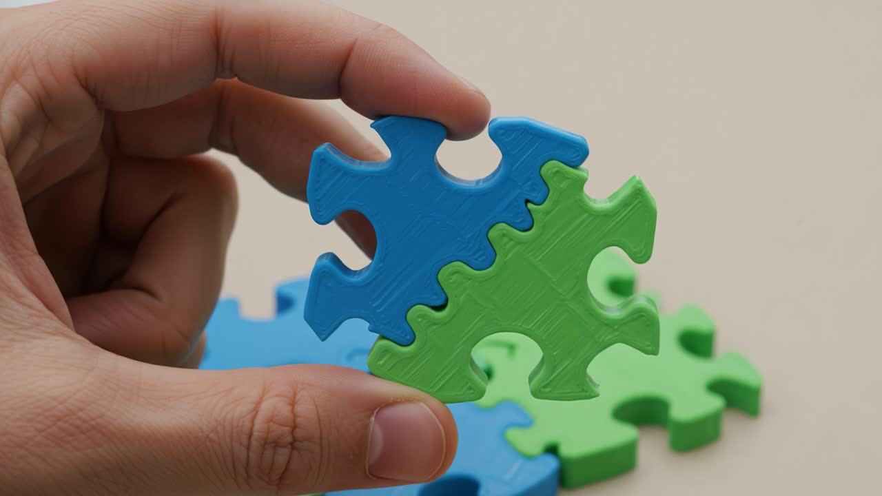 A Hand Assembles Colorful Jigsaw Puzzle Pieces, Highlighting the Joy of Problem-Solving and Creativity Through Engaging Visual Play and Cognitive Challenges