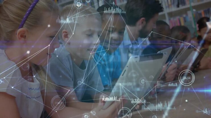 Animation of network of connections over happy diverse pupils uisng tablets at school