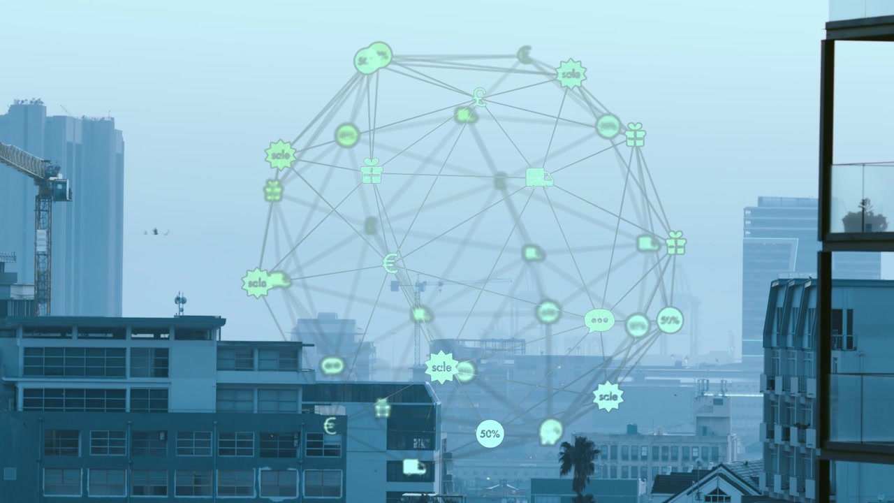 All'avvio, un globo wireframe verde appare sopra lo skyline, con nodi che si illuminano, si spostano e visualizzano dati