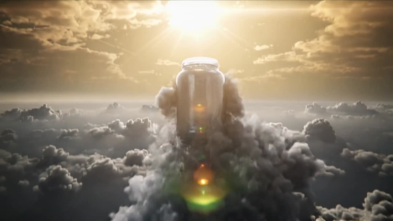Relámpago que inicia humo, un frasco de vidrio elevándose a través de nubes de tormenta hacia un horizonte iluminado por el sol