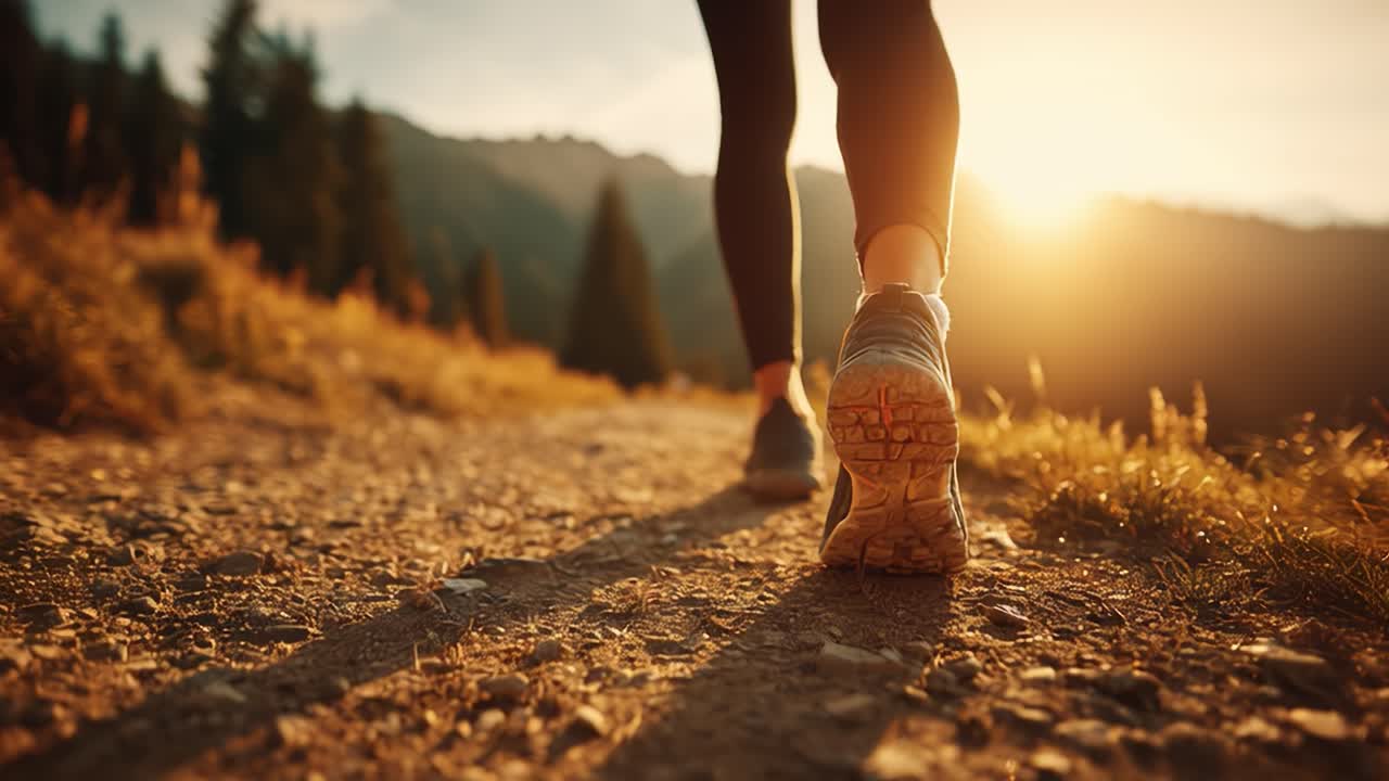 Runner jogging on scenic mountain trail at sunrise