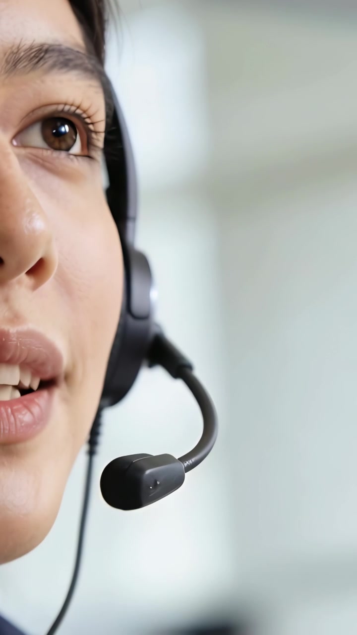 Video verticale: Operatore di call center che parla quando la chiamata si collega in ufficio, con microfono dell'auricolare, spazio per il testo