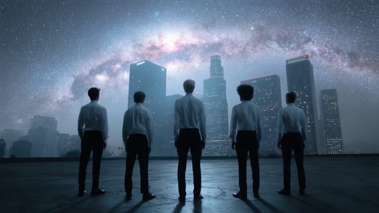 A Serene Nightscape: Five Figures Gazing at the Cosmic Splendor Above a City Skyline Under a Starry Night and Galaxy