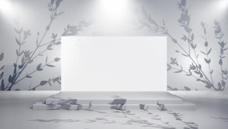 banner mockup with white screen on podium with grey background and branch shadows