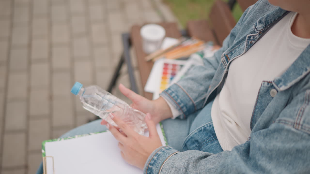Donna su una panchina che fruga nella borsa ed estrae un quaderno da disegno e una tavolozza di acquerelli, giacca di jeans, tazza di caffè e colori nelle vicinanze, che sistema i materiali per una sessione all'aperto su un sentiero lastricato, mani concentrate