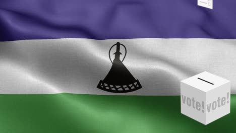 las papeletas de votación vuelan a la caja para la selección de lesotho - caja de votación frente a la bandera - elección - voto - bandera de lesoto - bandera de losotho alto detalle - bandera nacional de lesotho patrón de ondas elementos loopables - textura de tela y bucle sin fin