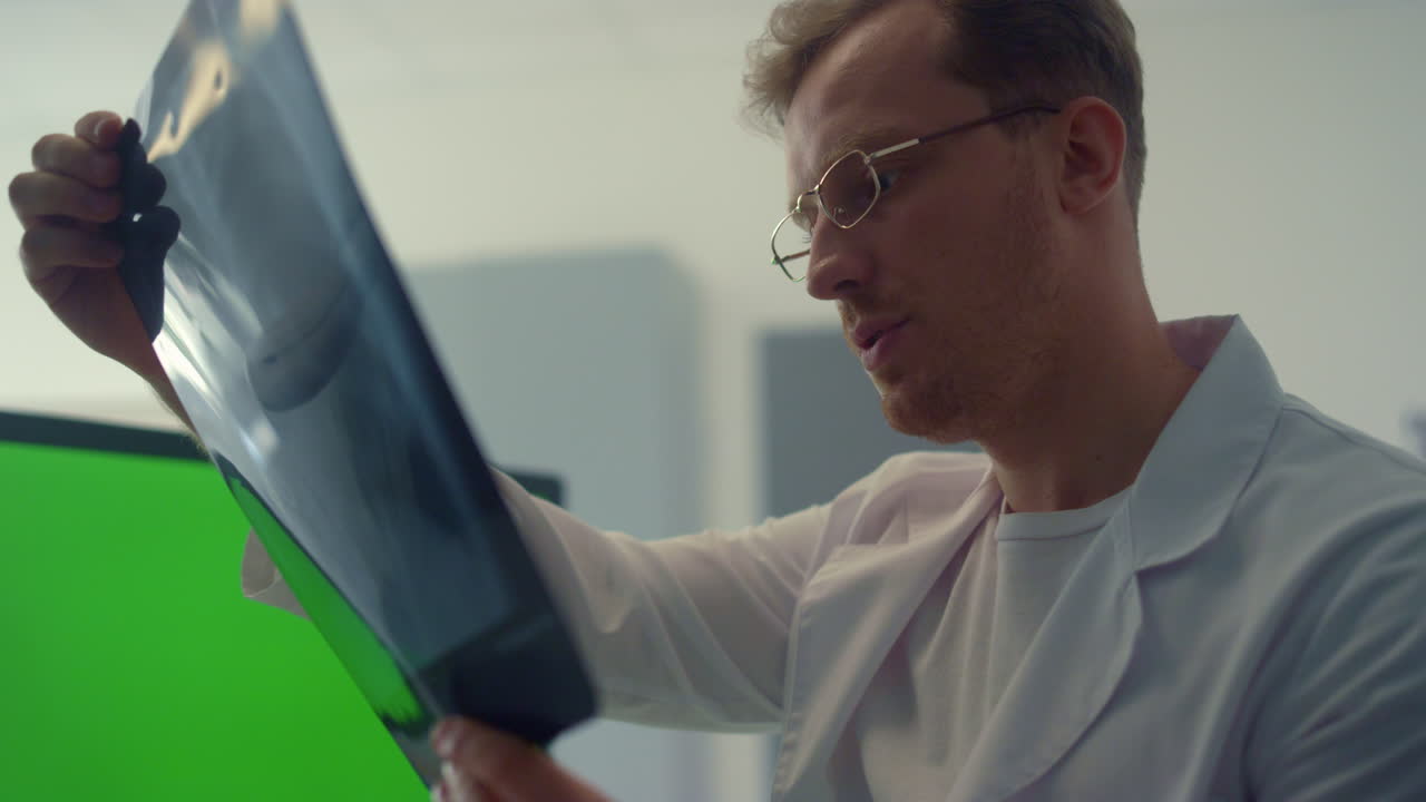 médico chequeando los pulmones de rayos x consultando usando el primer plano de la pantalla de la tecla de croma.