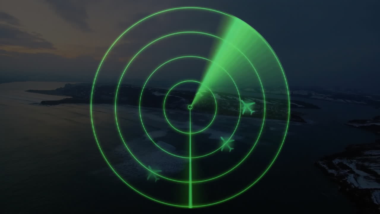 해안 풍경 스캔, 해안선의 공중 뷰를 통해 레이더 애니메이션