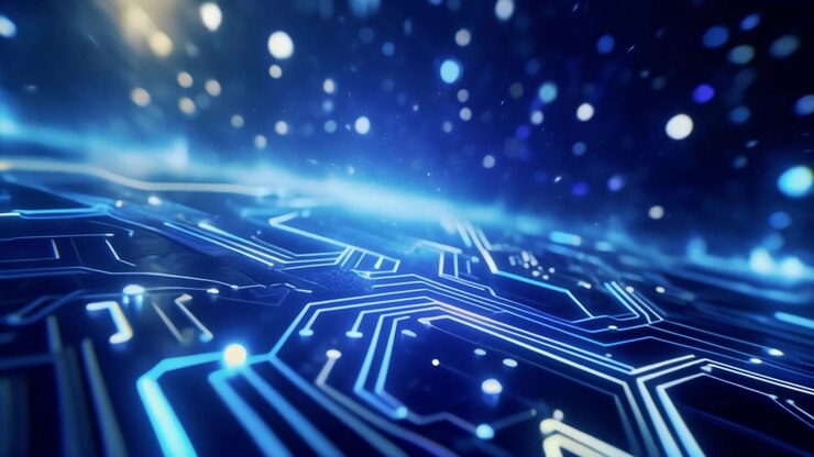 Circuito stampato digitale astratto con particelle di dati luminose