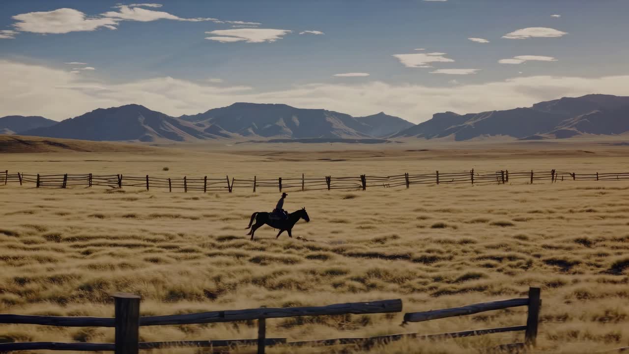 Cowboy a cavallo attraverso le pianure aperte