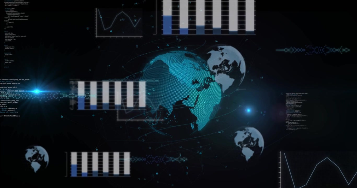 Central teal globe rotating as lens flare sweeping left triggers charts filling to show analytics