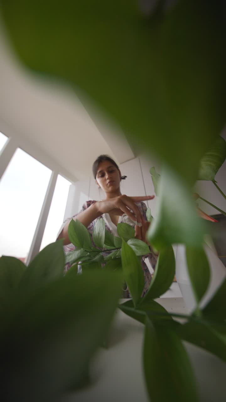 mujer que cuida de plantas de interior en el hogar