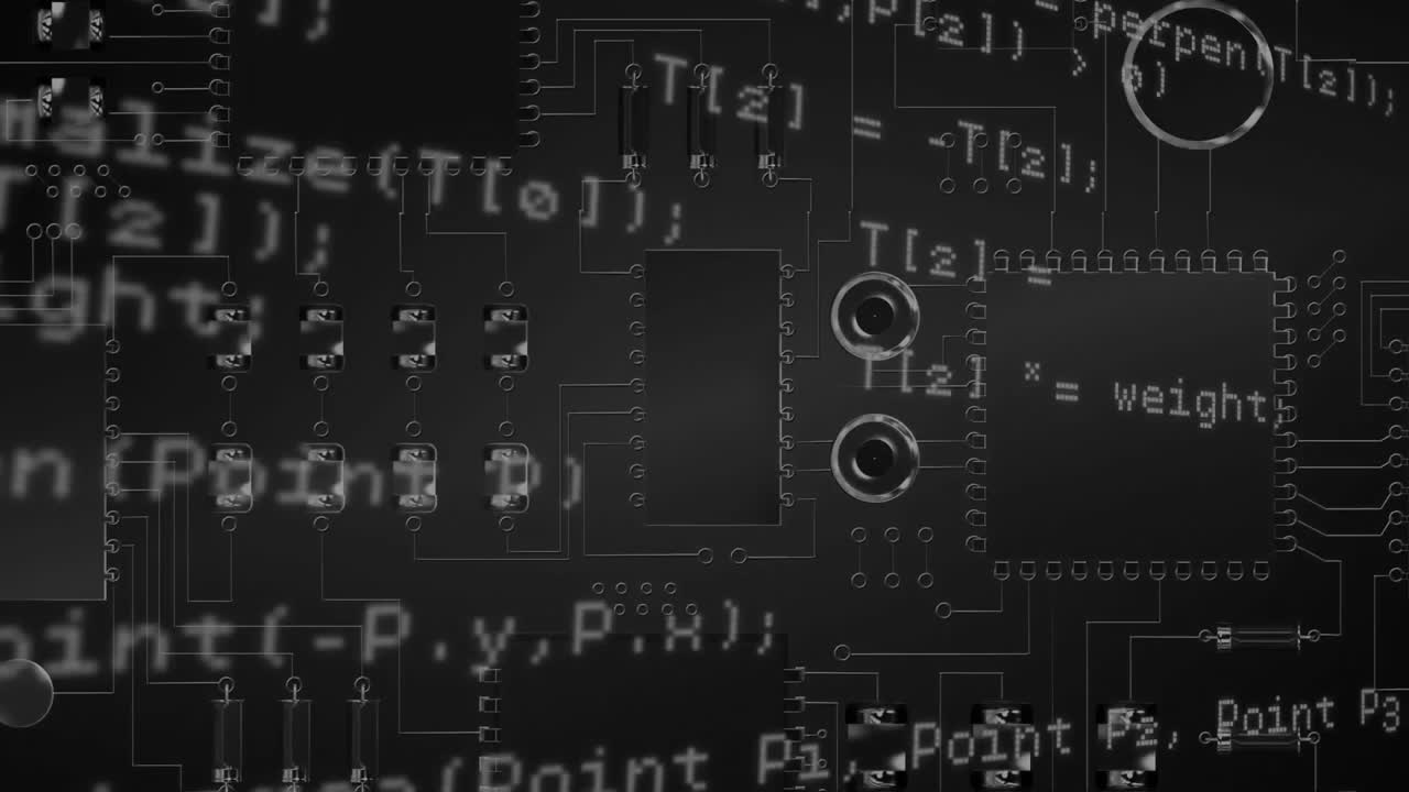 Animation of data processing over computer circuit board on black background