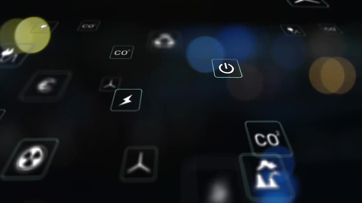 Animation of icon in squares over blurred vehicles moving on street of city in background