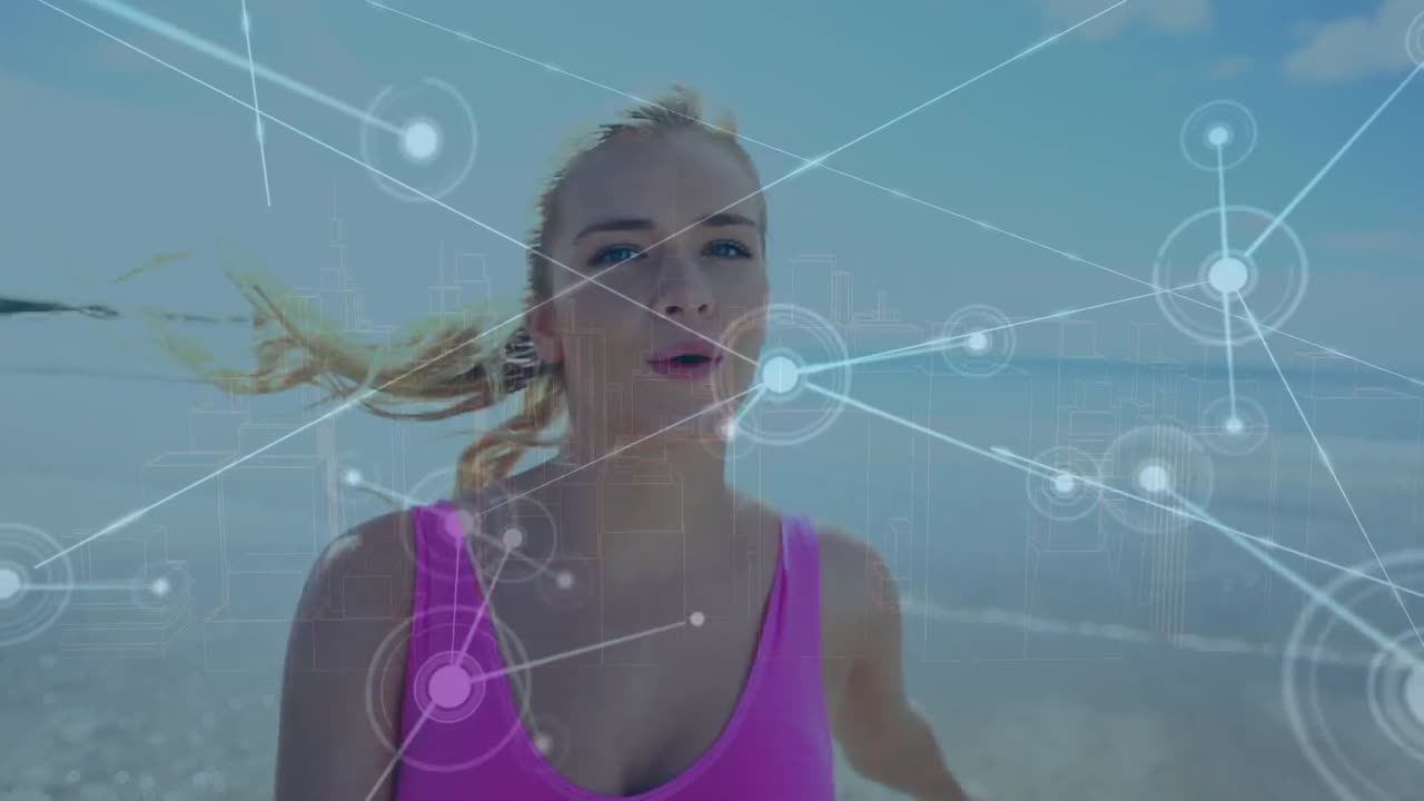 animación de la red de conexiones sobre mujer caucásica corriendo en la playa
