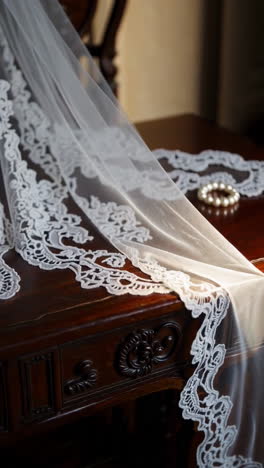 elegant wedding veil on wooden table