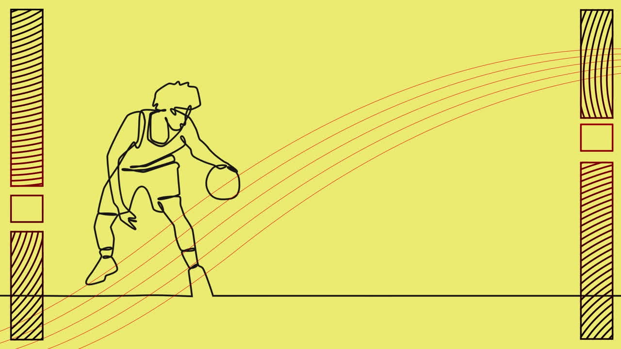 노란색 배경에 남성 농구 선수와 모양의 그림의 애니메이션