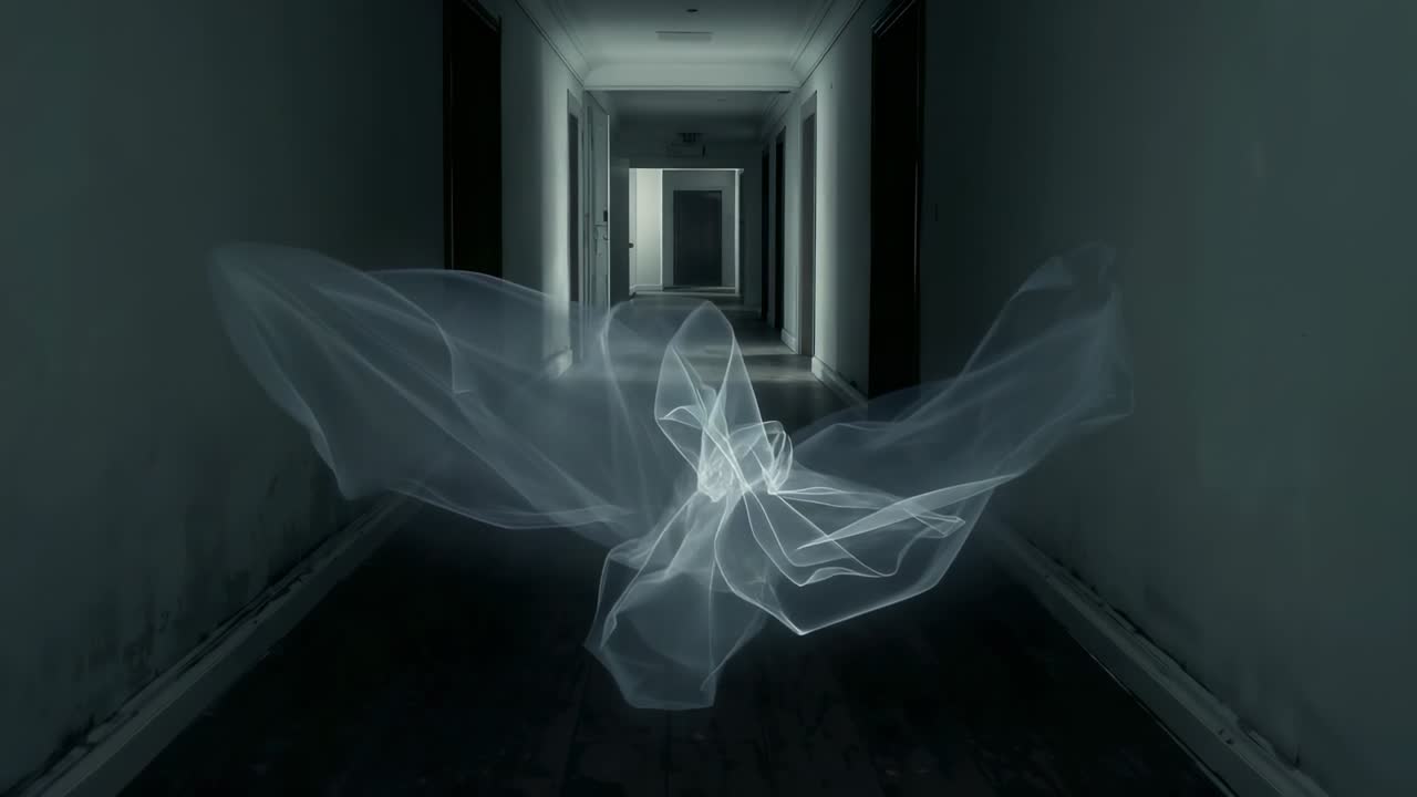 At start pulsing translucent form undulating, drifting toward doorway in abandoned hall, copy space