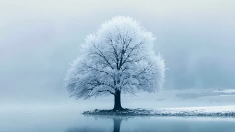 a lone tree in the middle of a frozen lake