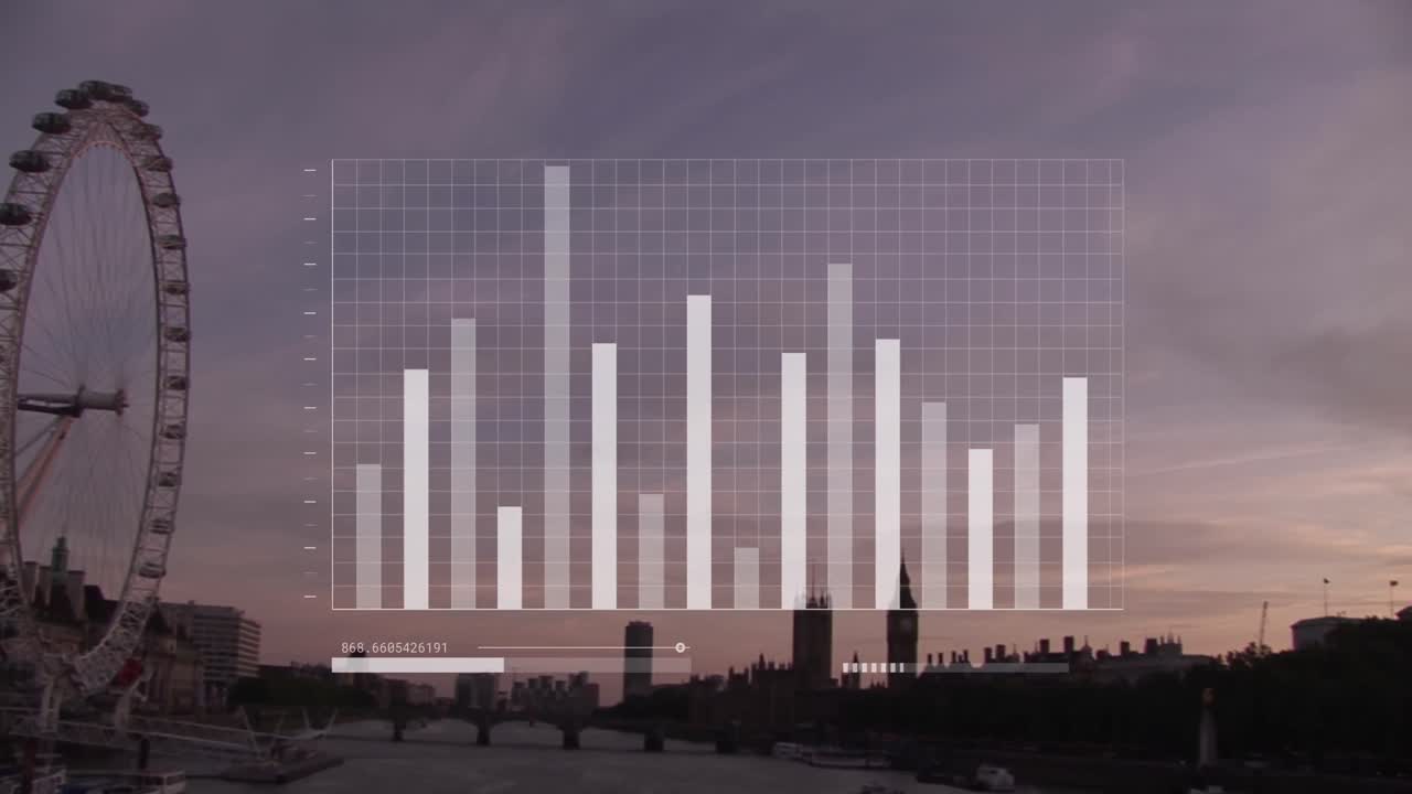 Animace zpracování finančních dat nad panoramatem Londýna