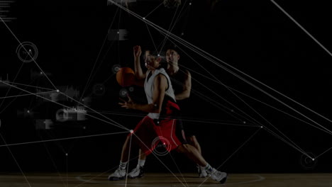 playing basketball, athletes in action with data visualization animation over them