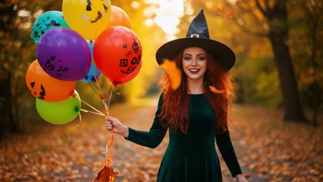 a joyful witch in autumn holding colorful balloons surrounded by falling leaves: capturing the spirit of halloween festivities in a picturesque landscape