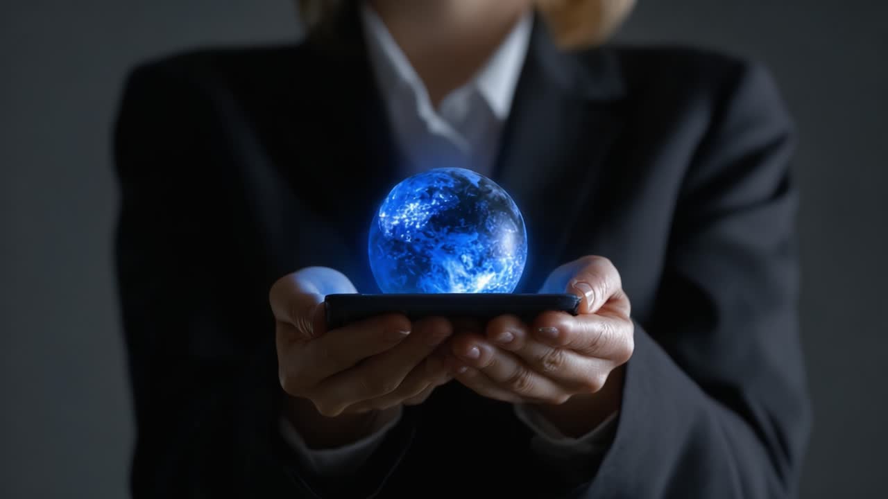 A Futuristic Representation of Earth: A Business Professional Holds a Holographic Globe, Symbolizing Innovation and Global Connectivity in Technology