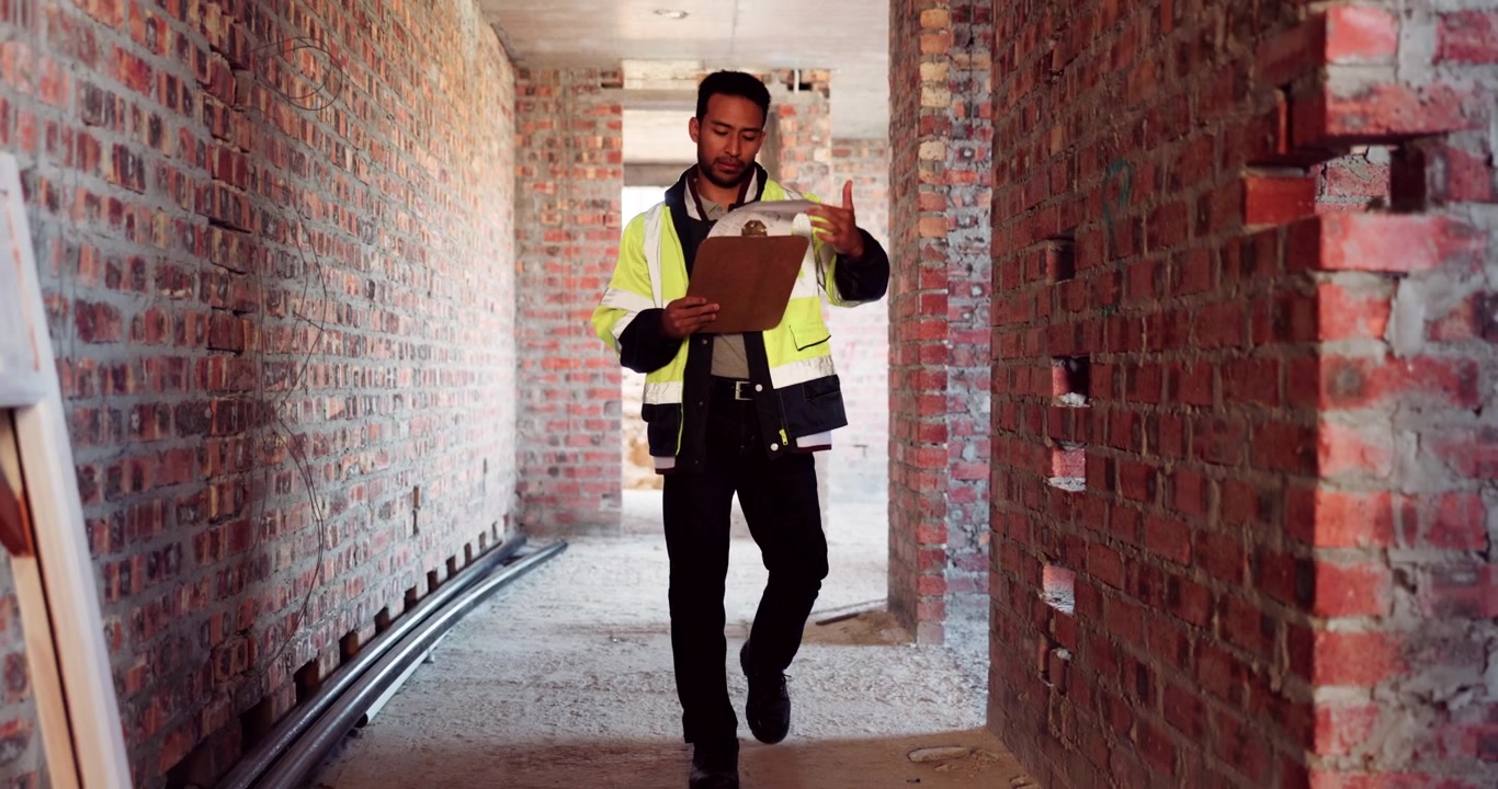 Construction Worker Inspecting Building Site with Clipboard