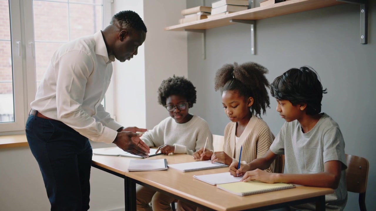 Walking teacher in white shirt pointing at notebook on desk teaching as pupils writing with pencil