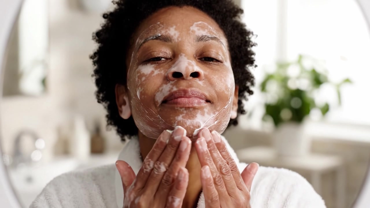 A woman enjoying a refreshing skincare routine, applying cleansing foam to her face with a serene smile while enhancing her natural beauty and self-care regimen.