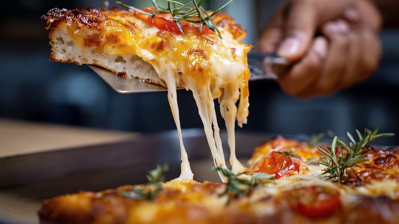 Serverer en varm skive deilig pizza med smeltet ost som strekker seg.