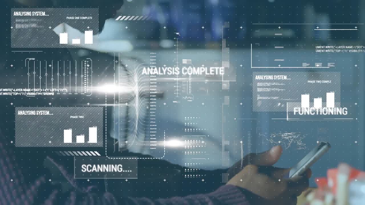 Animation of statistics and data processing over man using smartphone