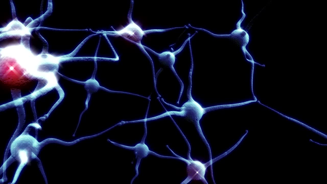 red de sinapsis neuronal azul con actividad de impulso eléctrico rojo capaz de buclear