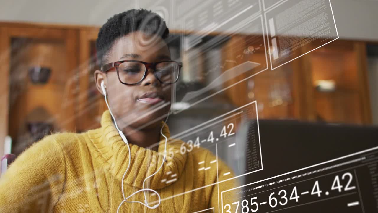 Woman inserting earbuds, looking at laptop, causing overlays showing charts over laptop for study