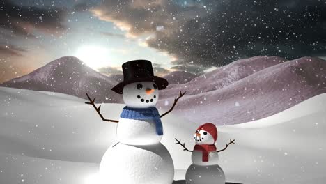Animación-De-Dos-Muñecos-De-Nieve-Con-Nieve-Cayendo-En-Un-Paisaje-Invernal