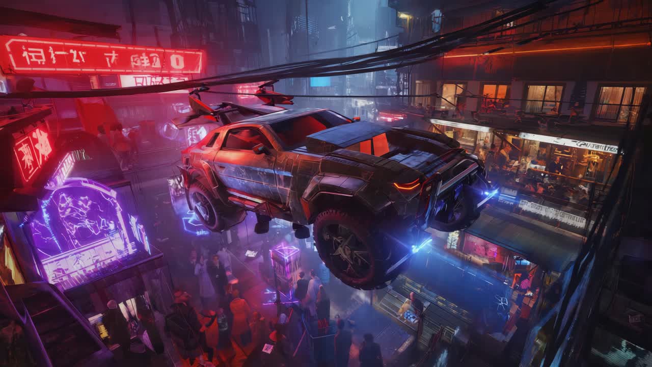 Cyberpunk Flying Car in Futuristic City