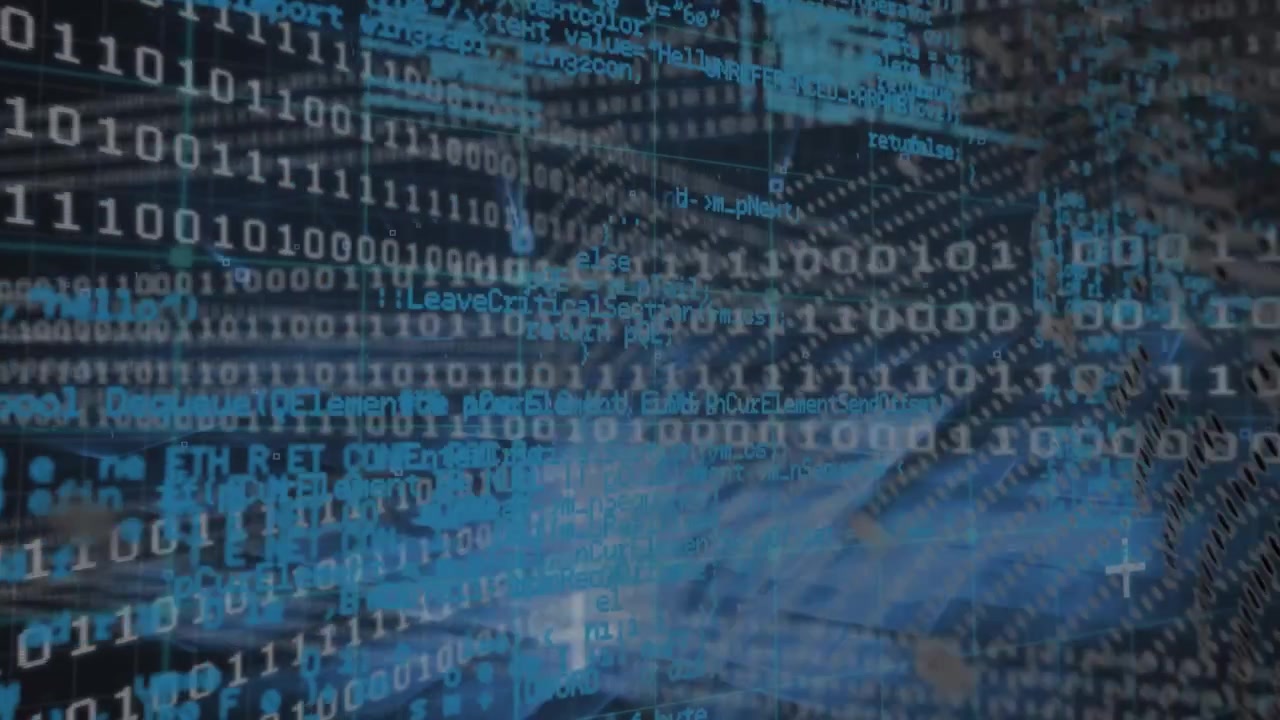 Animation of data processing, binary code and globe in black digital space