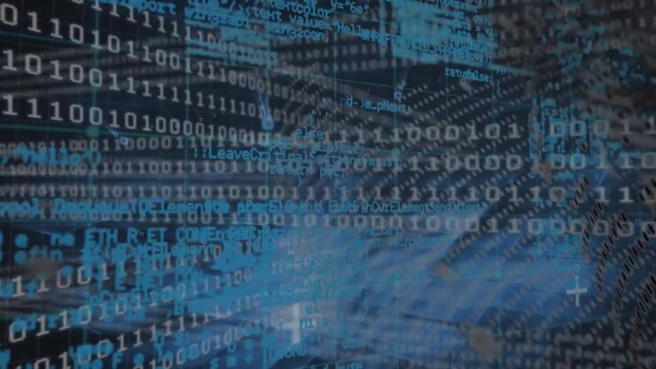 Animation of data processing, binary code and globe in black digital space