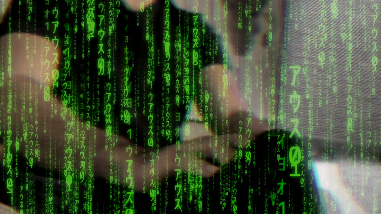 Hacker in the shadows with green digital code overlay, cyber security concept