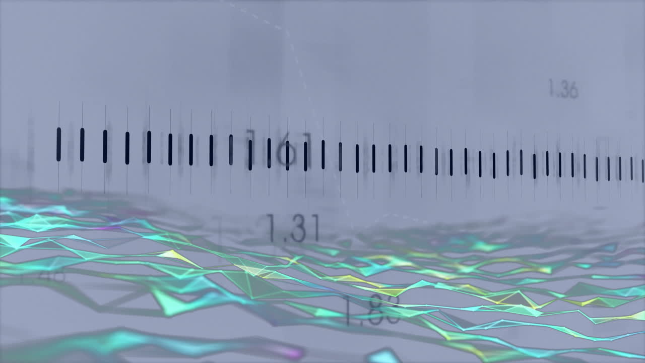 Colorful lines creating abstract data animation with numerical values in background