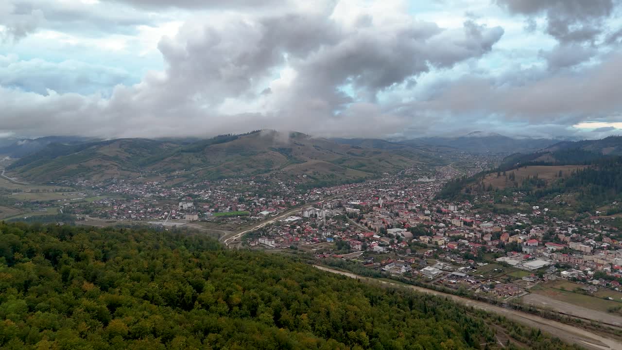 Drone view of Gura Humorului city on a cloudy day