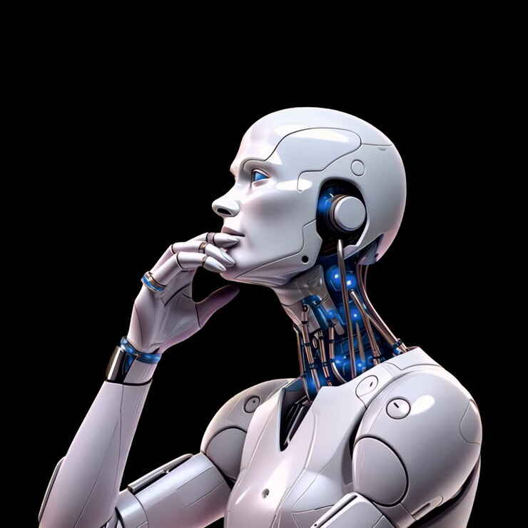 Risorsa isolata di animazione di robot umanoide futuristico che pensa, video 4K trasparente, canale alfa