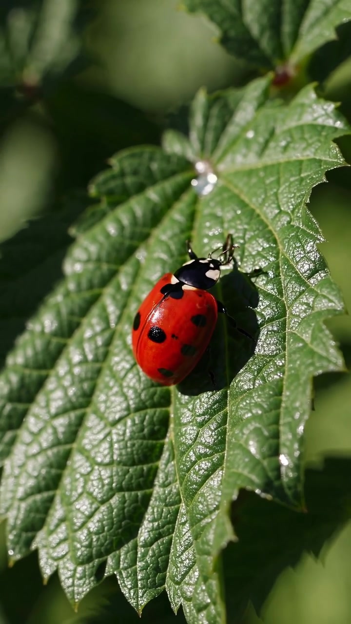 Ladybug Crawling on a Green Leaf in Sunlight