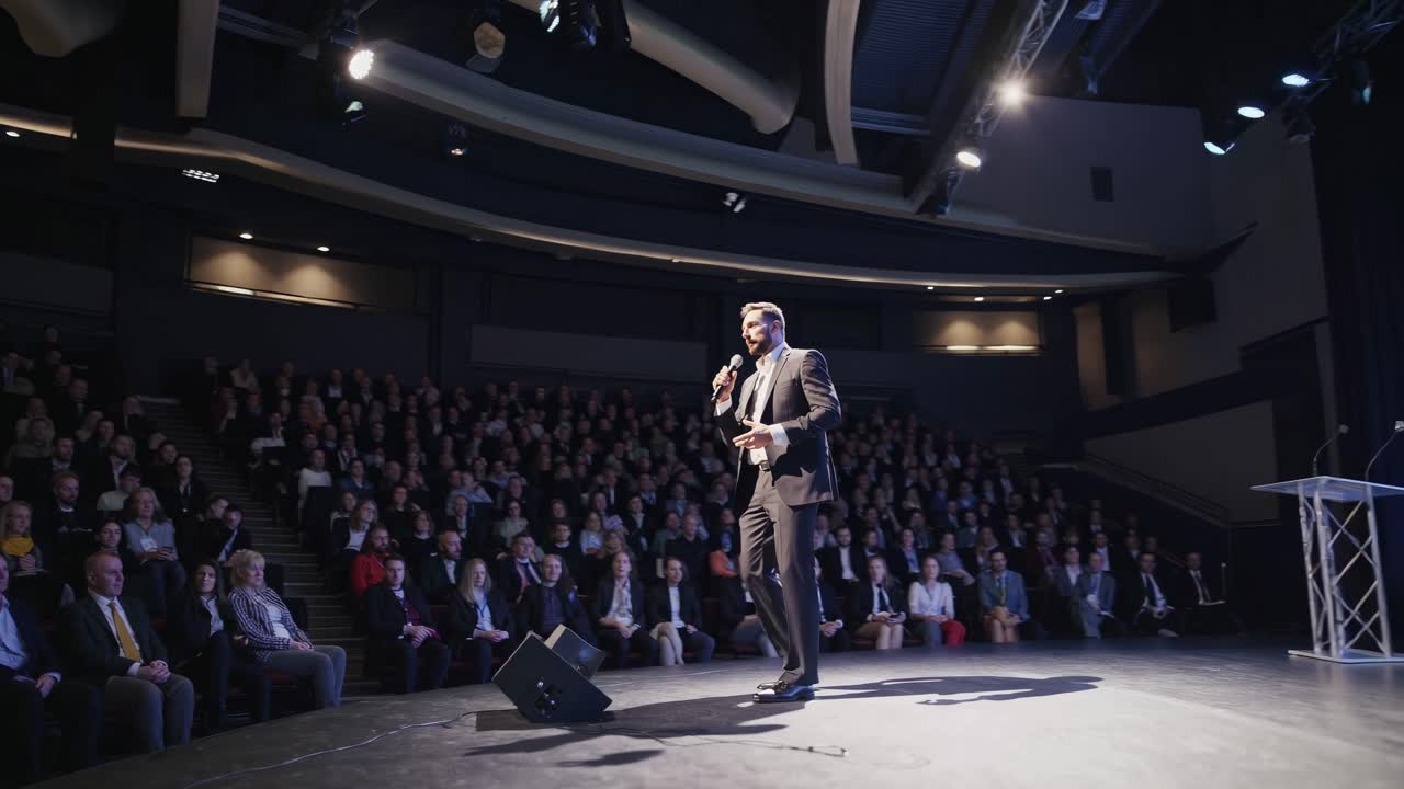Laajakulmakuva lavalla olevasta puhujasta, joka puhuttelee yleisöä hämärästi valaistussa auditoriossa